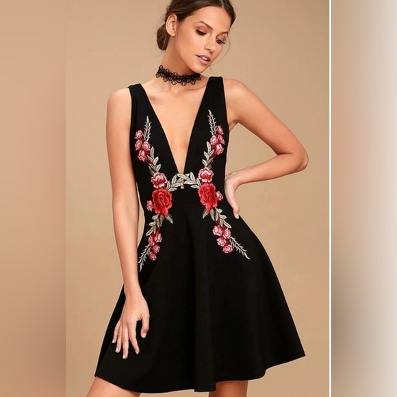 Lulus Dresses & Skirts - Lulu's Black Red and Pink Floral Embroidery Super Cute Valentines Dress
